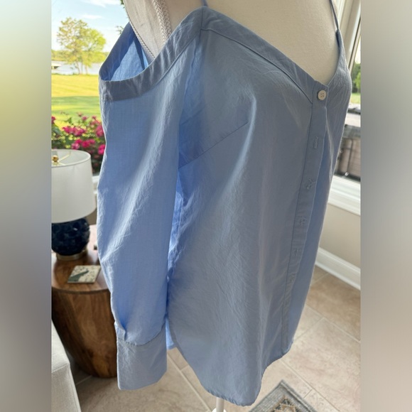 Lulus Work From Home Light Blue Poplin Button-Down Off-the-Shoulder Top Sz M - Picture 6 of 12